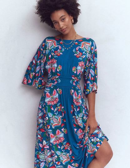 Imelda Kimono Jersey Dress-Blue, Botanical Trail