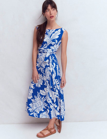 Tamsin Jersey Midi Dress-Blue, Botanical Flourish Mono