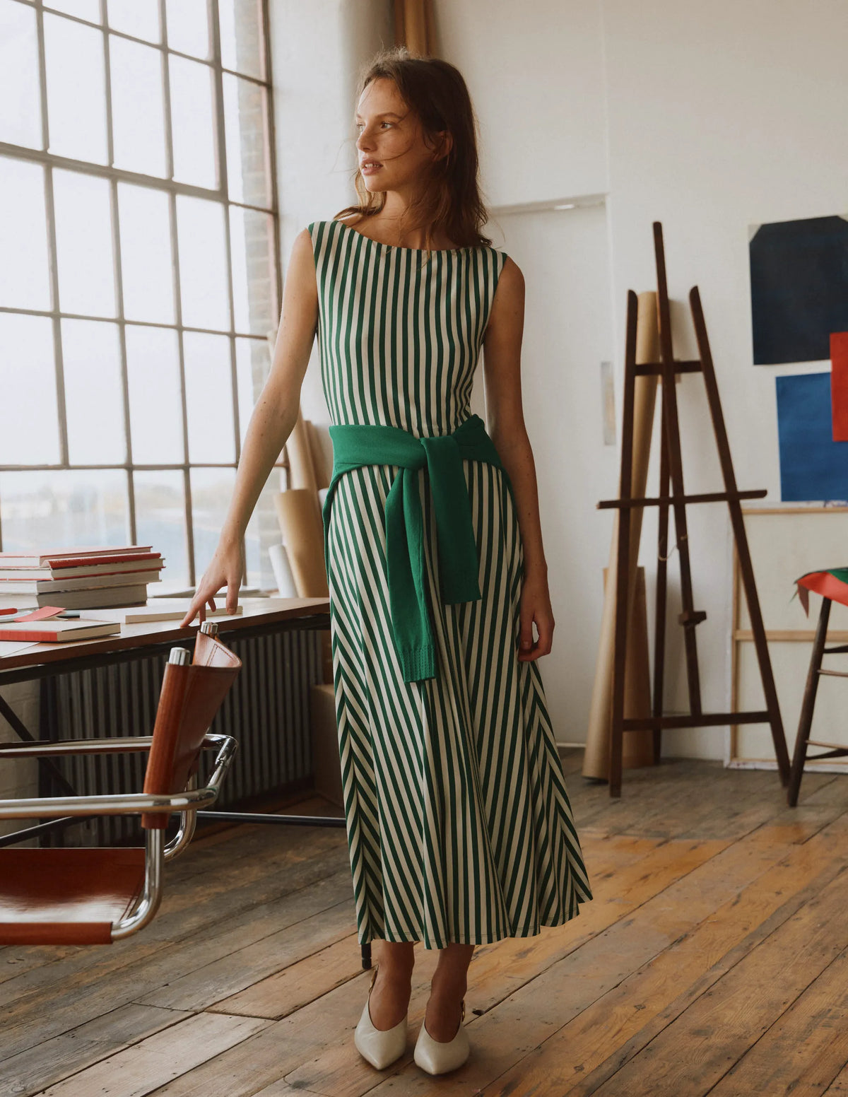 Tamsin Jersey Midi Dress-Fresh Green and Ivory Stripe
