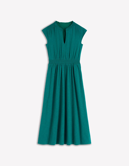 Alba Smocked Jersey Midi Dress-Drake Green