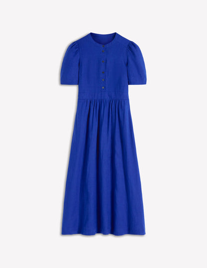 Ivy Button Linen Midi Dress-Bright Blue