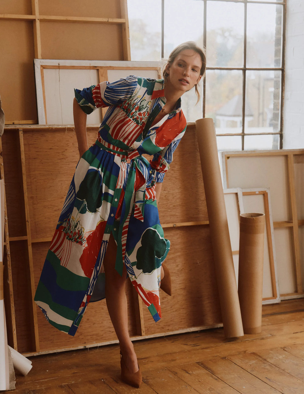 Alexa Cotton Midi Shirt Dress-Multi Abstract Valley