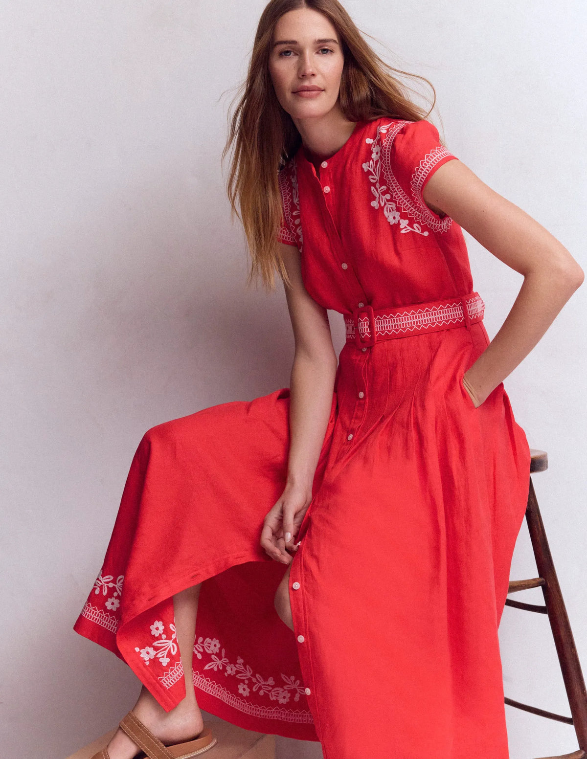 Arabella Linen Blend Dress-Red Embroidery