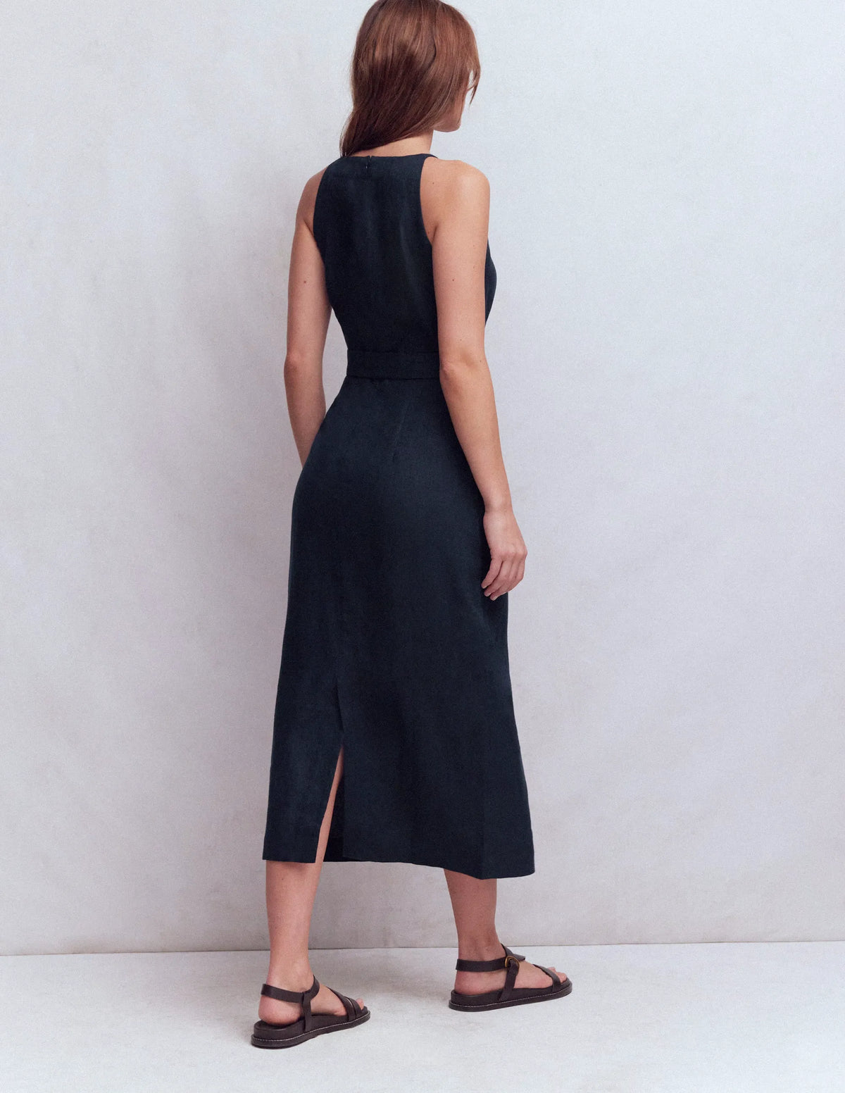 Rosa Halter Linen Midi Dress-Navy