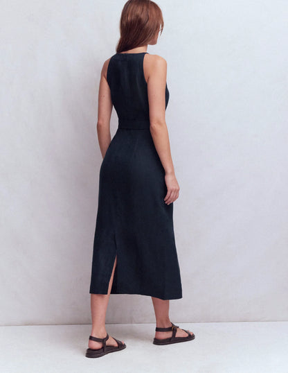 Rosa Halter Linen Midi Dress-Navy