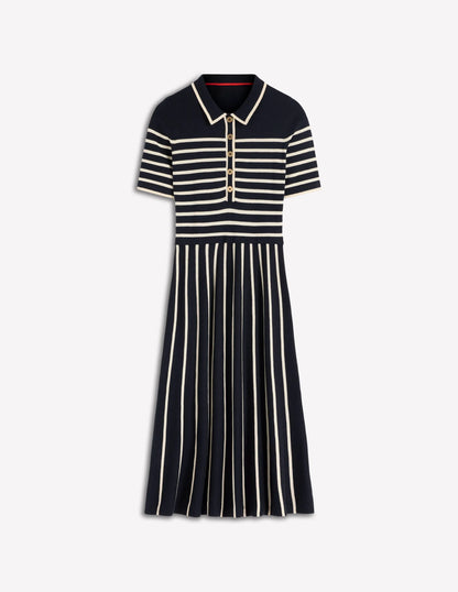 Collared Knitted Midi Dress-French Navy and Ivory Stripe