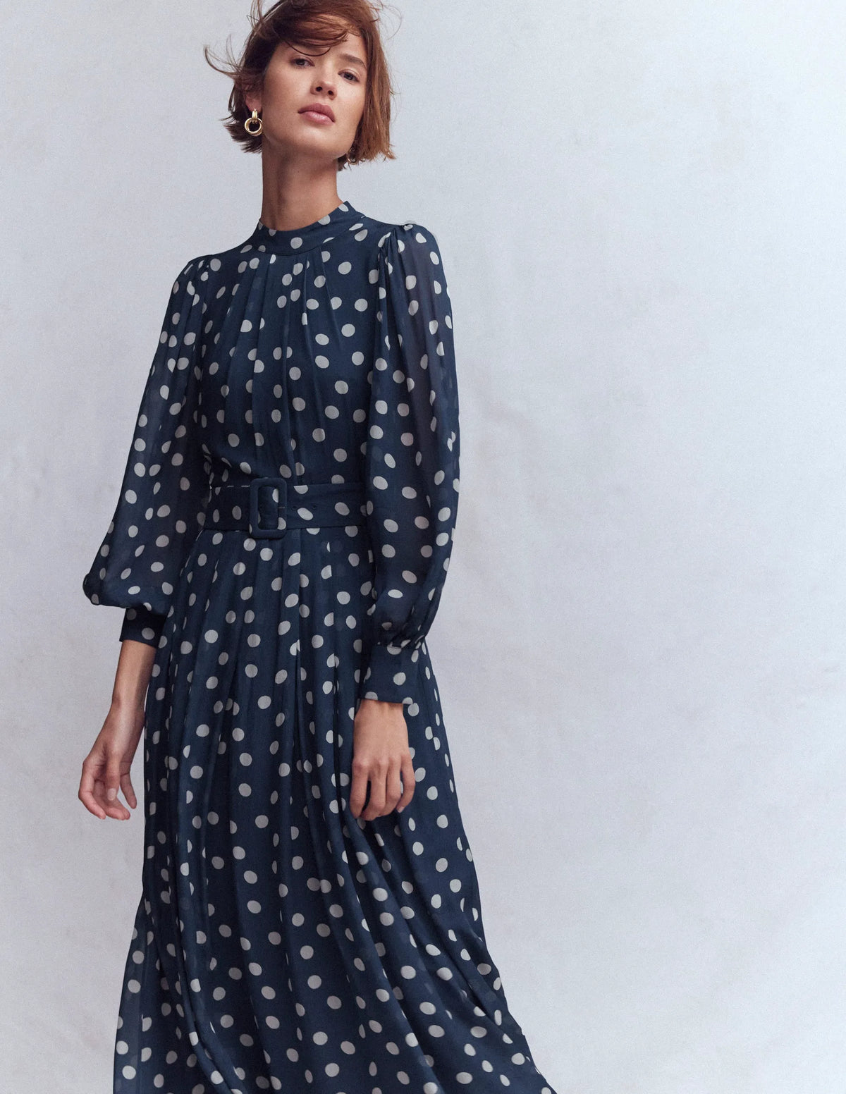 High Neck Occasion Dress-French Navy, Painted Dot