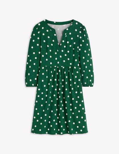 Cathy Notch Neck Jersey Dress-Hunter Green, Painted Dot