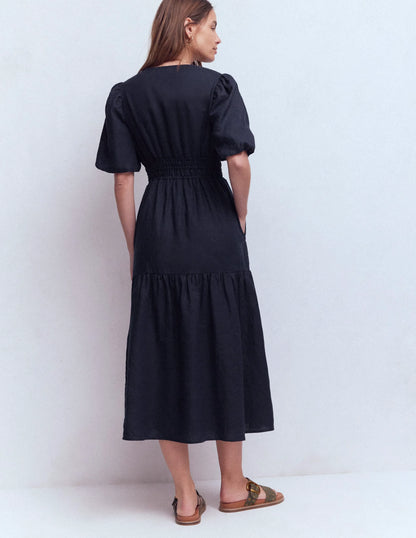 Irene Linen Midi Dress-Navy