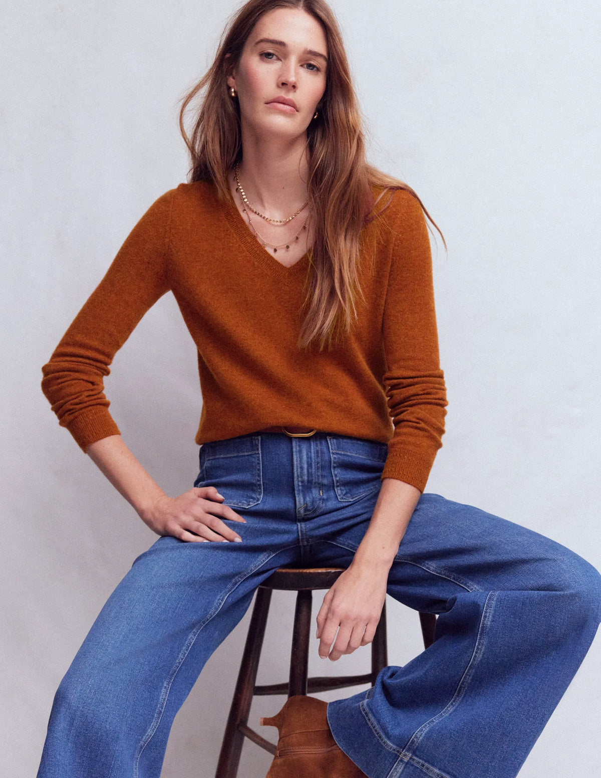 Eva Cashmere V-Neck Sweater-Cognac Melange