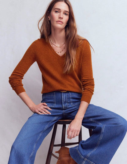 Eva Cashmere V-Neck Sweater-Cognac Melange
