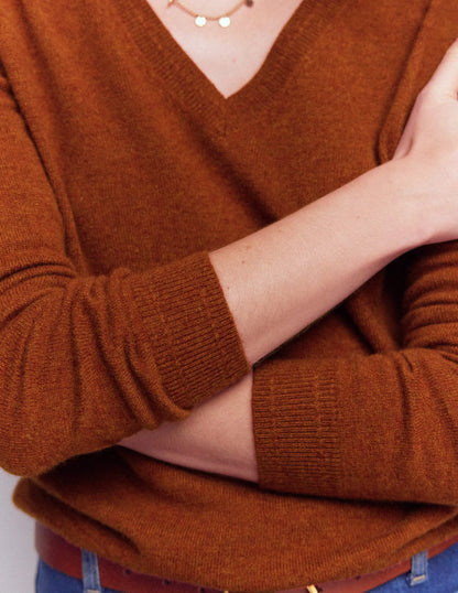 Eva Cashmere V-Neck Sweater-Cognac Melange