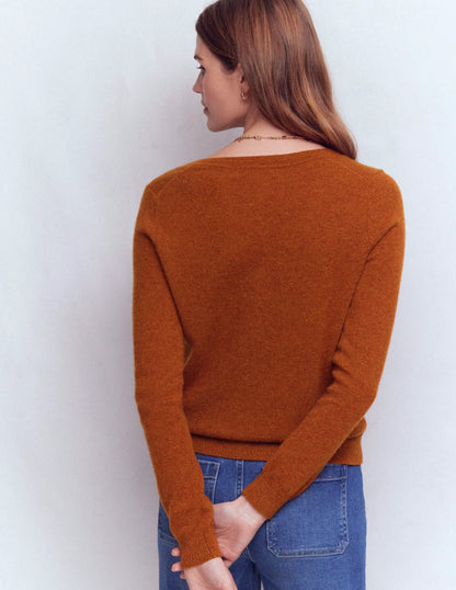 Eva Cashmere V-Neck Sweater-Cognac Melange