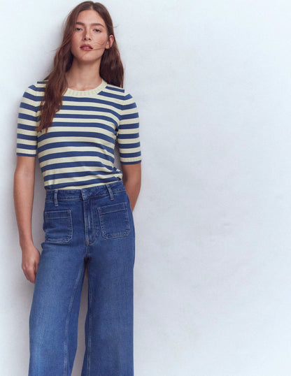 Emilia Cotton Crew T-shirt-Denim Blue/ Warm Ivory