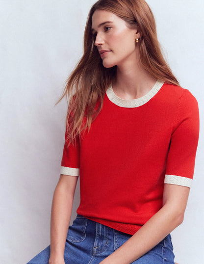 Emilia Cotton Crew T-shirt-Merida Red, Ivory