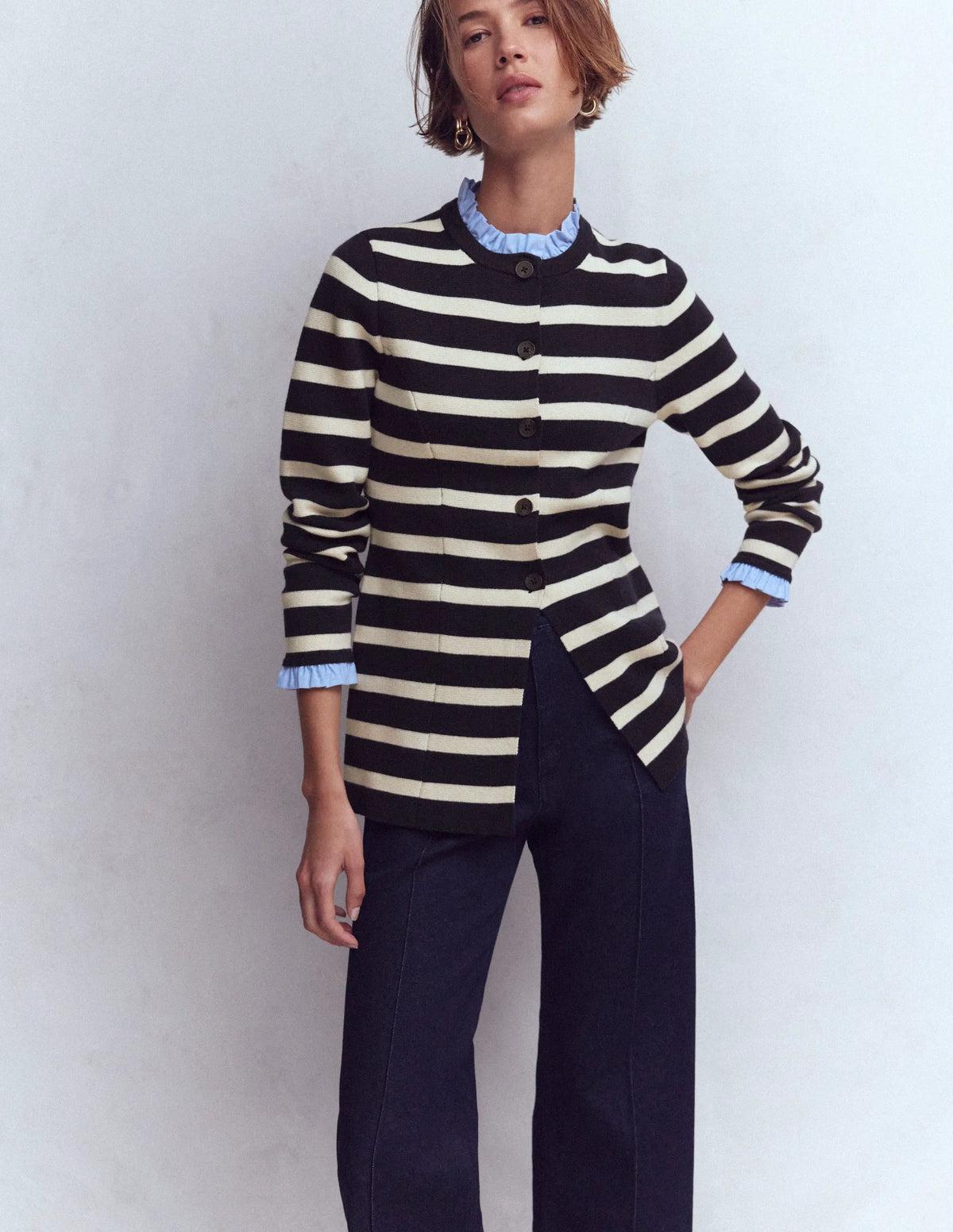 Joanna Fitted Knitted Jacket-Navy/ Warm Ivory Stripe
