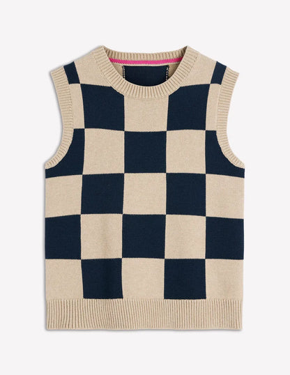 Lucy Cotton Vest-Camel / Navy Check