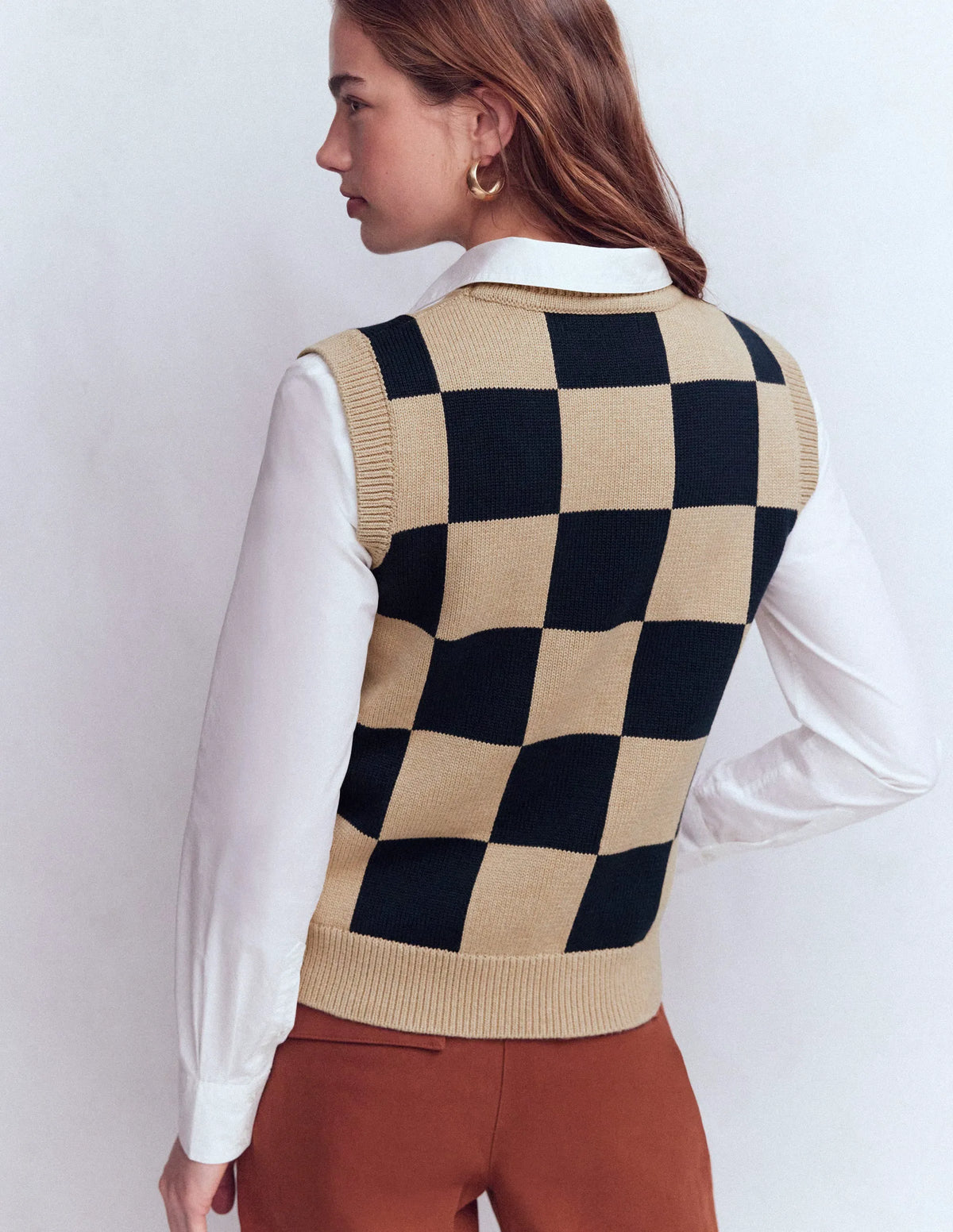 Lucy Cotton Vest-Camel / Navy Check