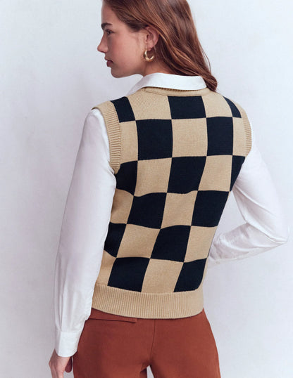 Lucy Cotton Vest-Camel / Navy Check