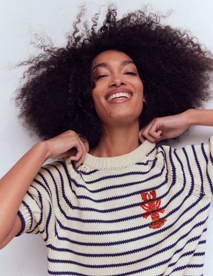 Margot Puff Sleeve T-Shirt-Ivory/ Navy Lobster