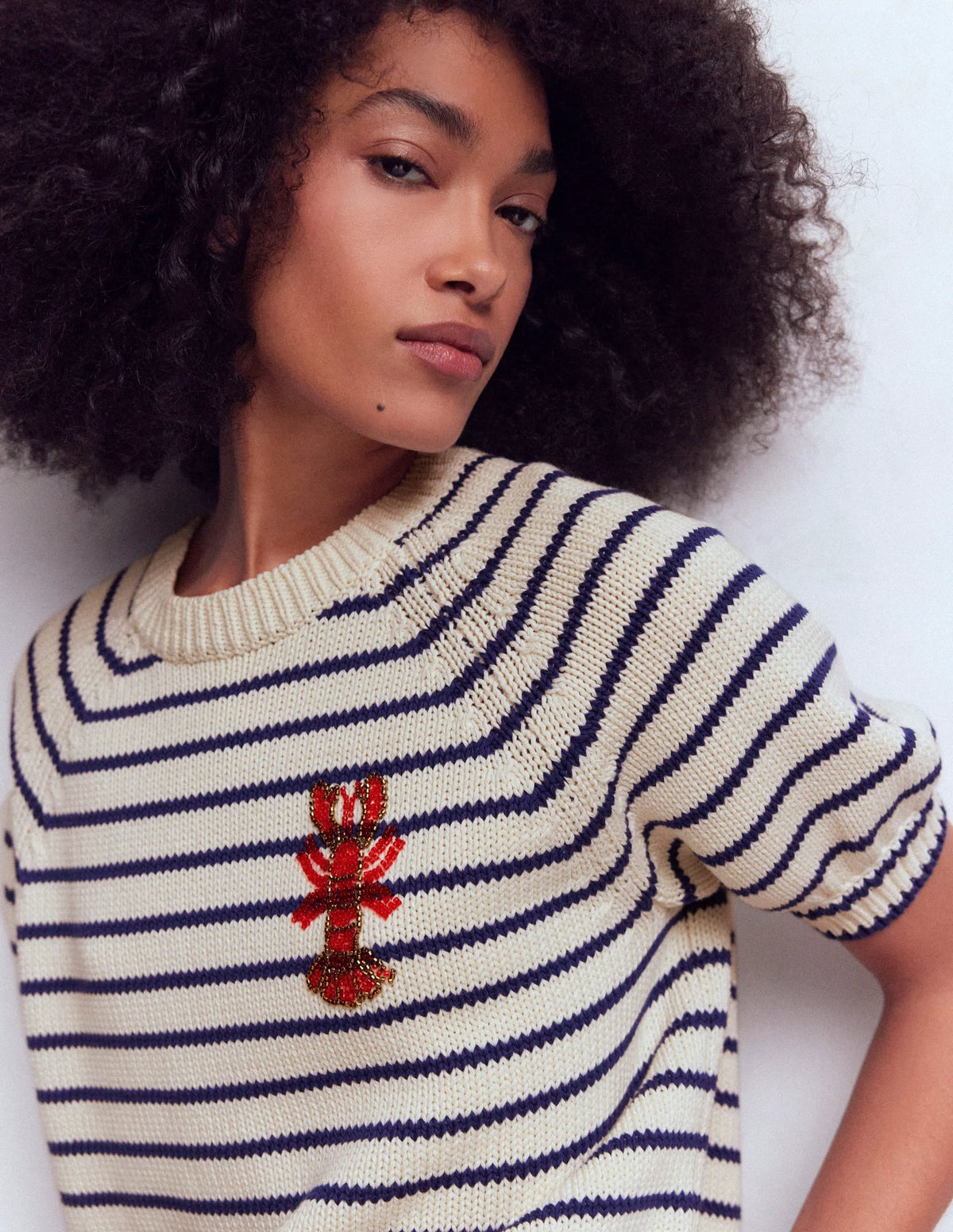 Margot Puff Sleeve T-Shirt-Ivory/ Navy Lobster