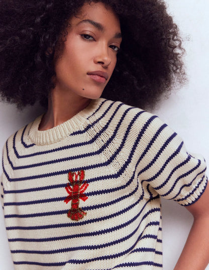 Margot Puff Sleeve T-Shirt-Ivory/ Navy Lobster