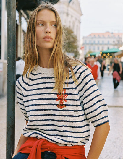 Margot Puff Sleeve T-Shirt-Ivory/ Navy Lobster