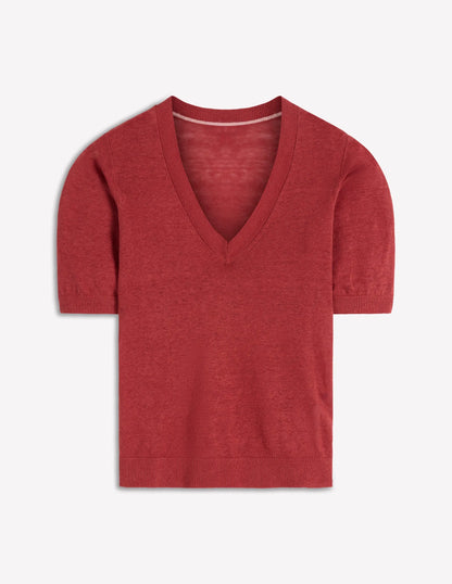 Agnes Linen V Neck T-Shirt-Burnt Orange