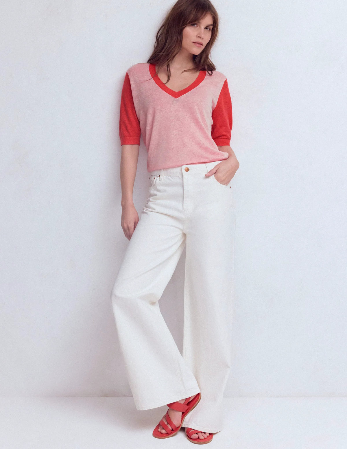 Agnes Linen V Neck T-Shirt-Pink Colour Block
