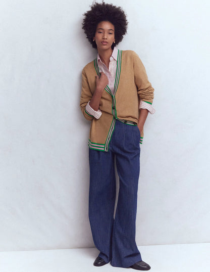 V Neck Longline Cardigan-Camel Melange