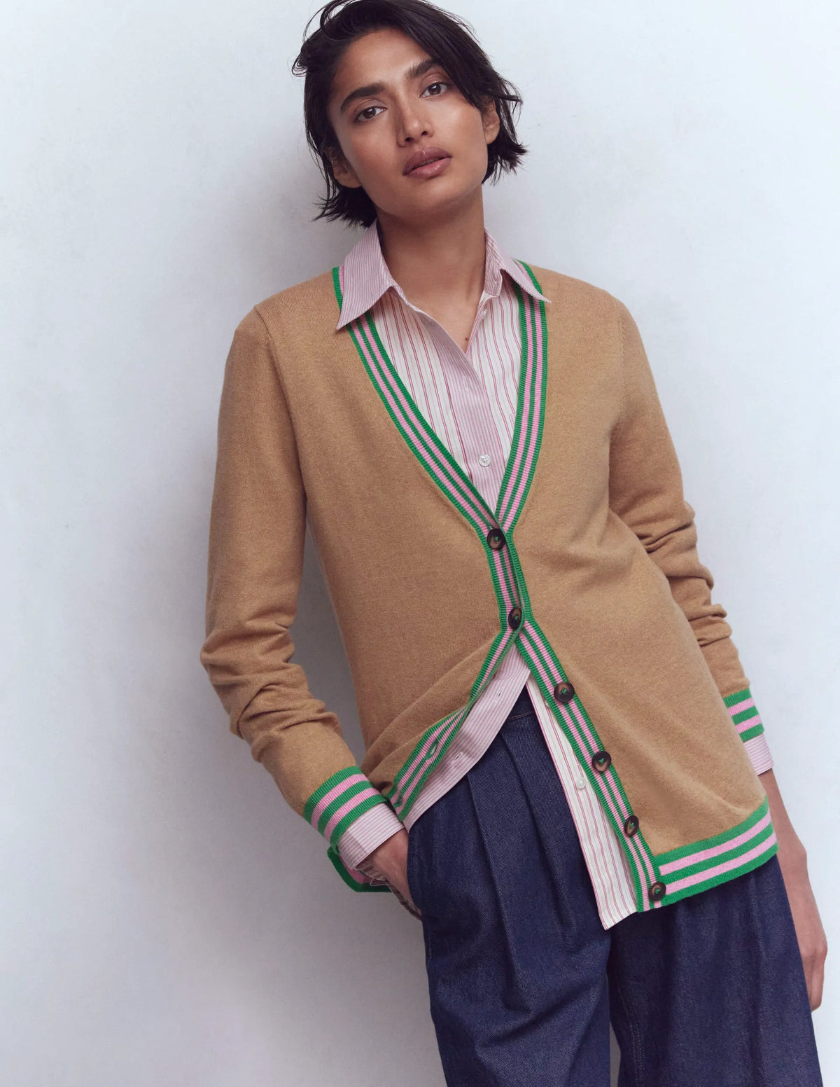 V Neck Longline Cardigan-Camel Melange