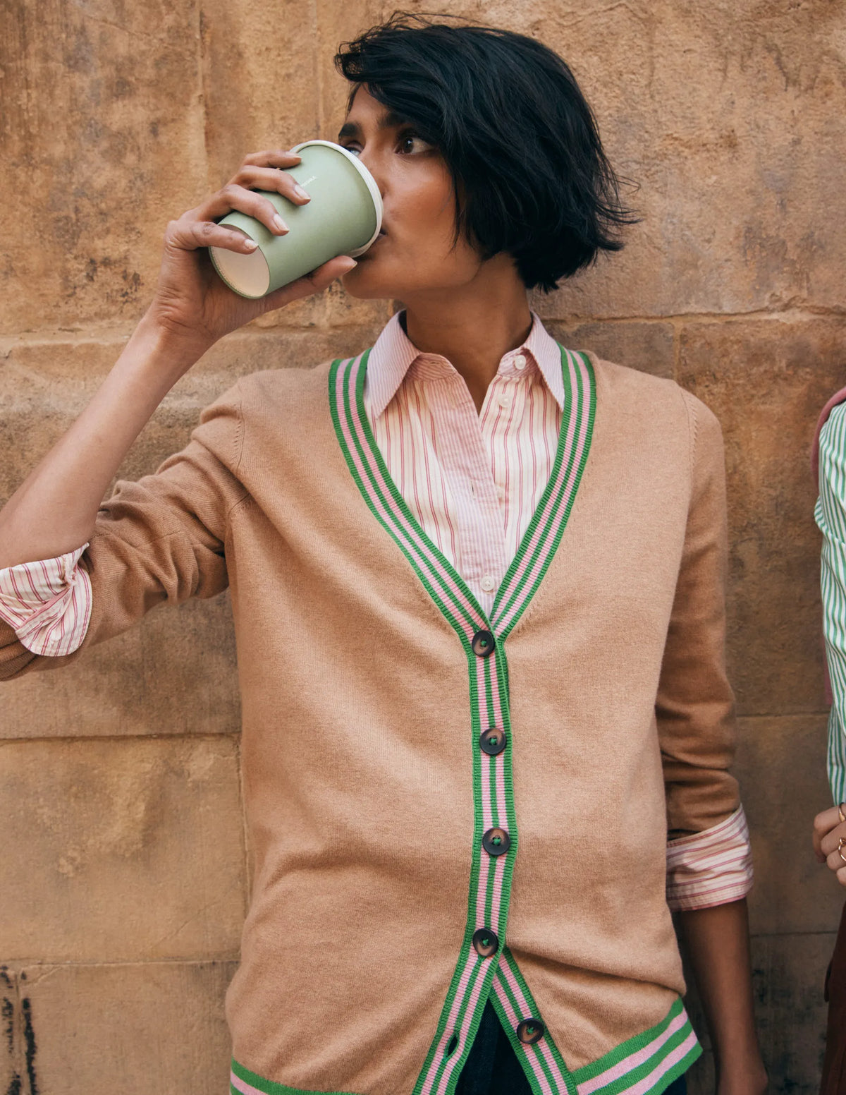 V Neck Longline Cardigan-Camel Melange