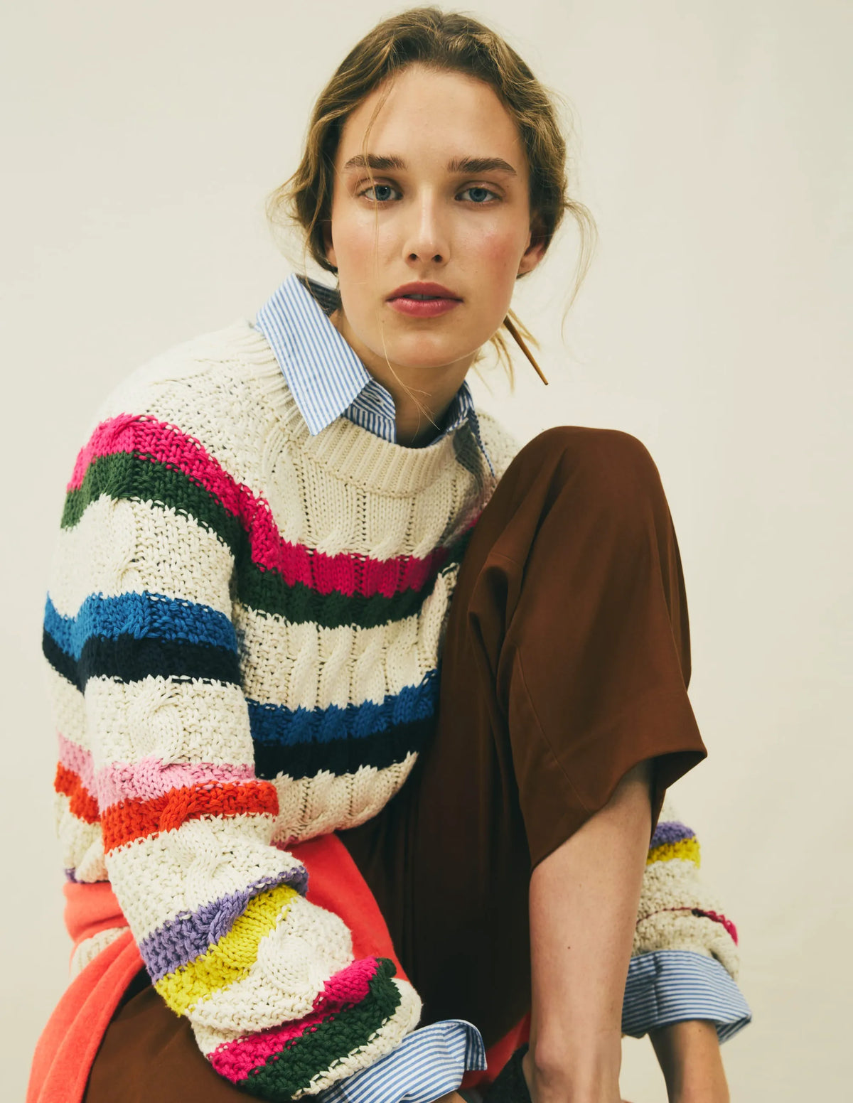 Cotton Cable Jumper-Warm Ivory, Rainbow