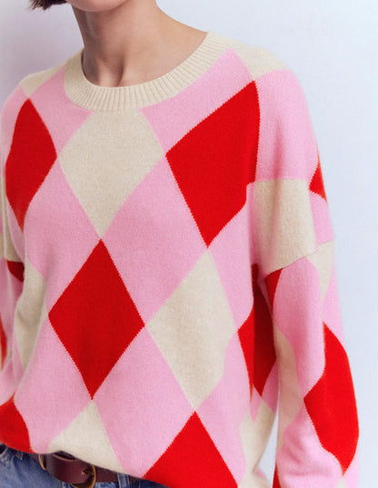Anastasia Cashmere Sweater-Red and Pink Argyle