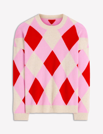 Anastasia Cashmere Sweater-Red and Pink Argyle