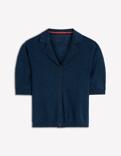 Agnes Collar Linen Cardigan-Navy