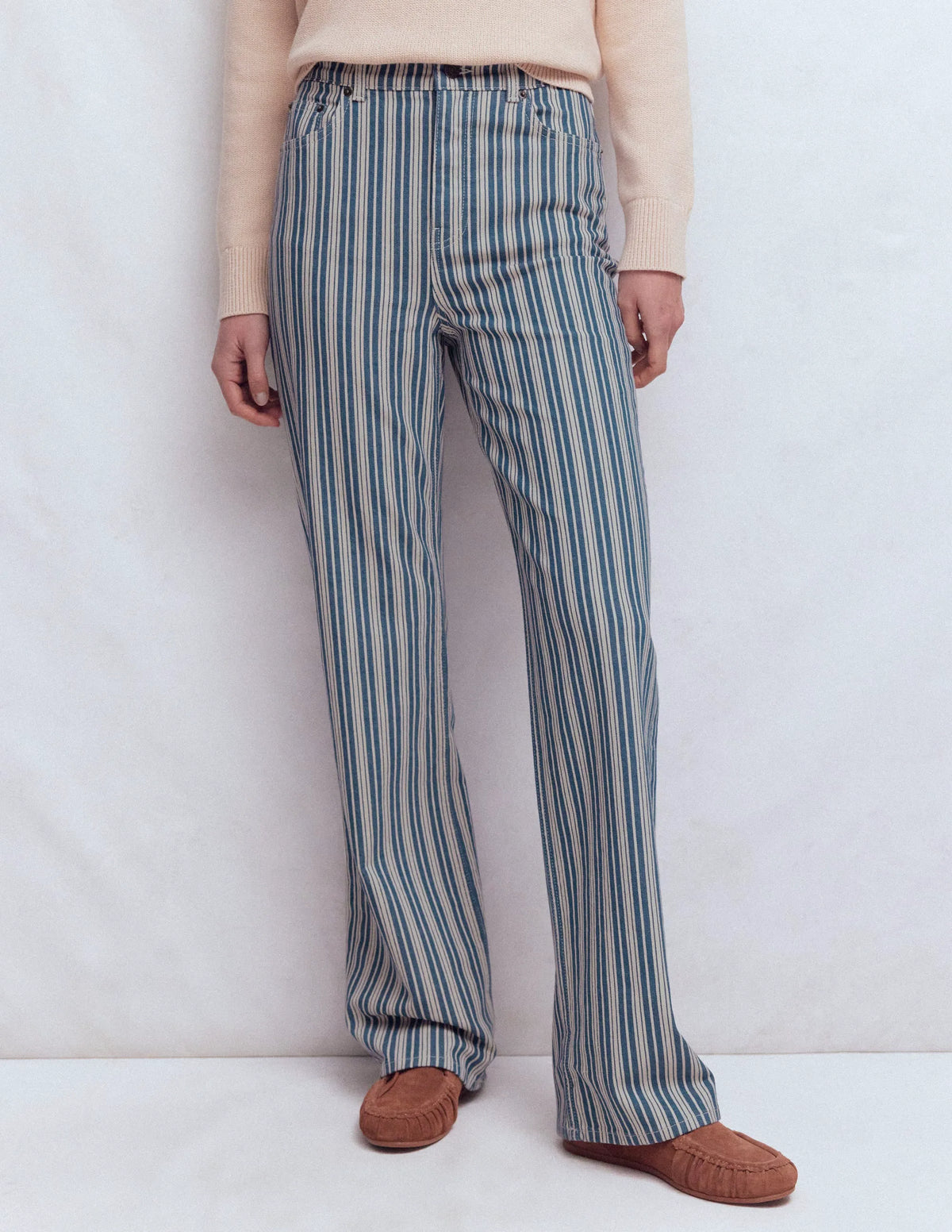 High Rise Column Leg Jeans-Blue Stripe