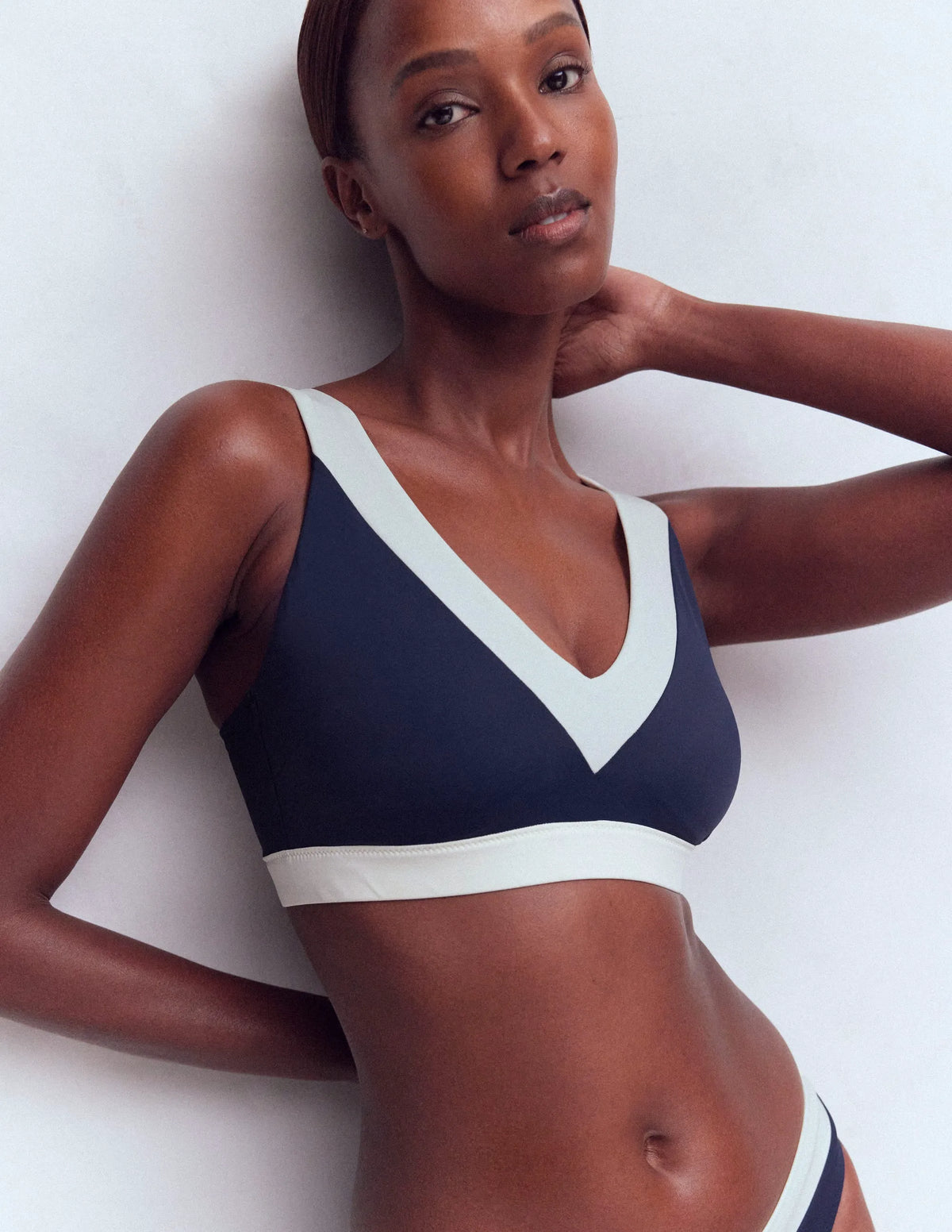 Campania Cross-back Bikini Top-Navy, Ivory Colourblock