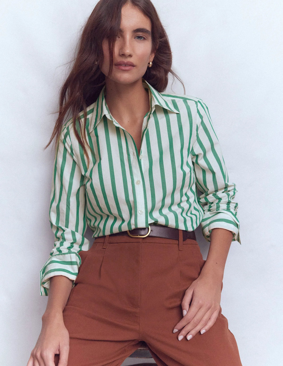 Sienna Cotton Shirt-Green and Ivory Stripe