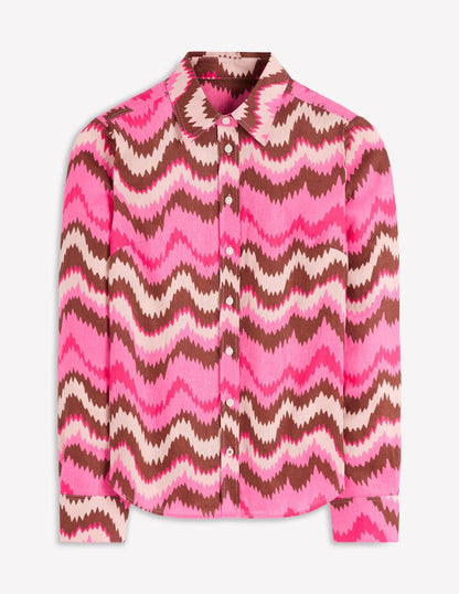 Sienna Linen Shirt-Pink Punch, Zig Zag Wave