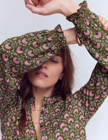 Effie Smocked Detail Shirt-Mayfly, Flower Lattice