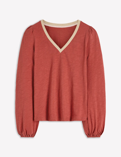 Metallic Trim V-neck Top-Barn Red