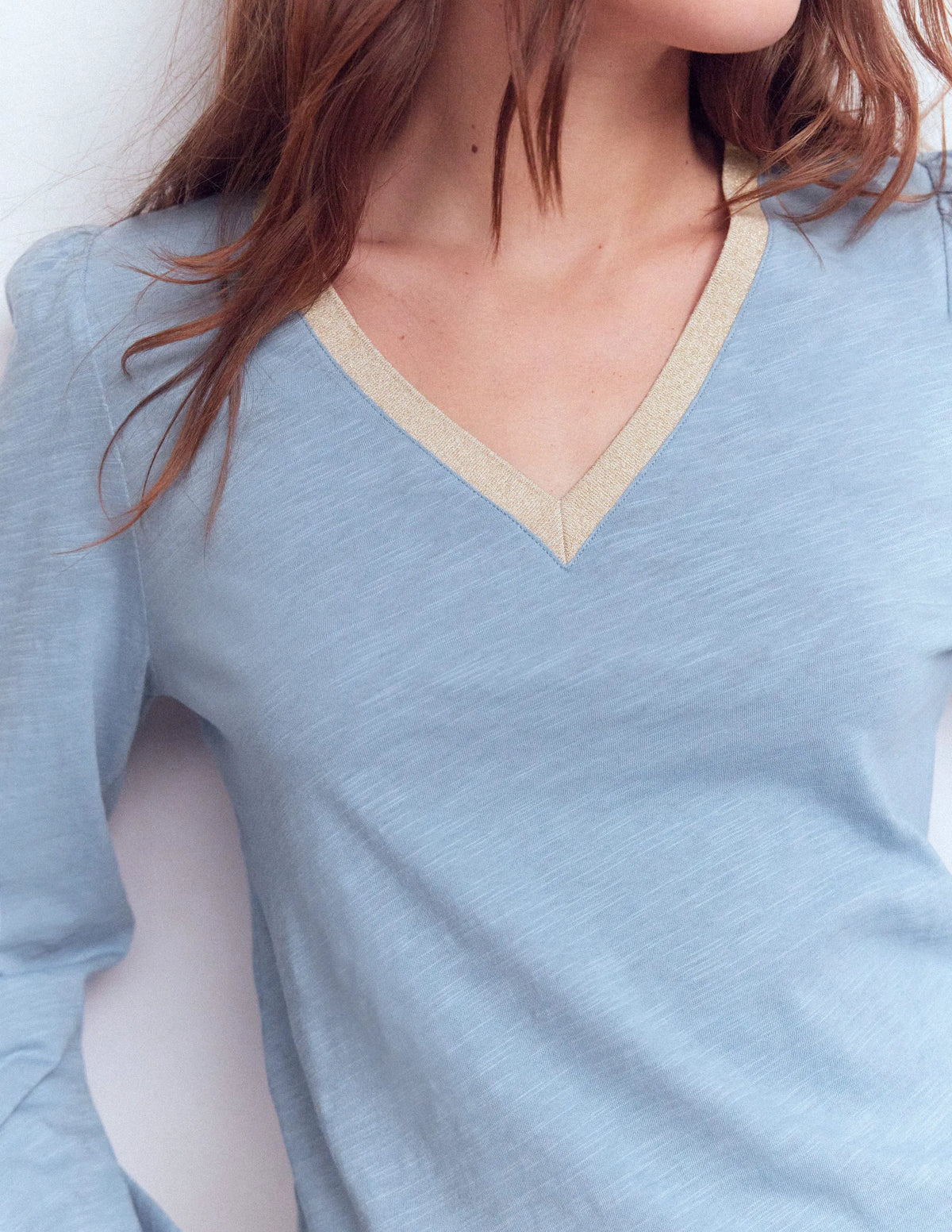 Metallic Trim V-neck Top-French Blue