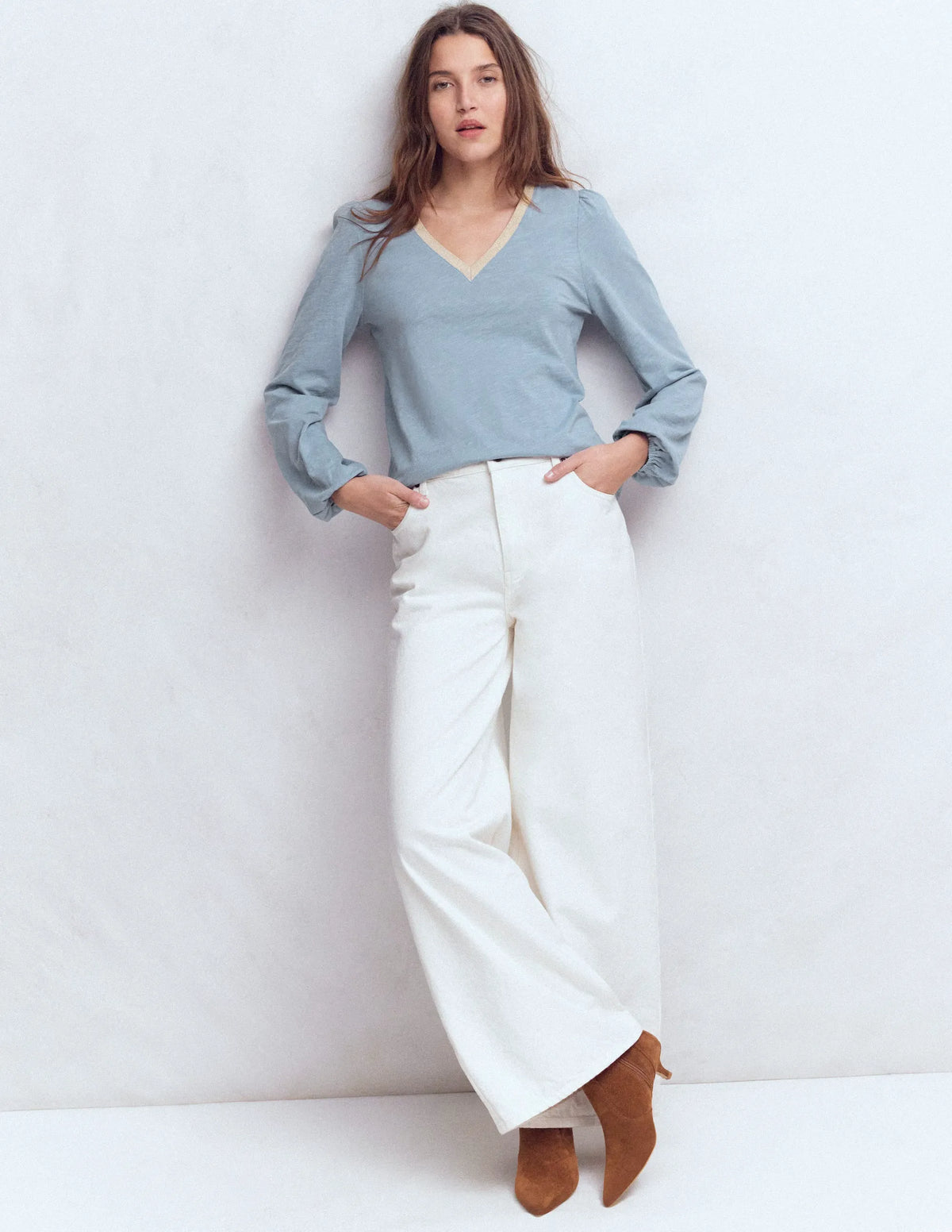 Metallic Trim V-neck Top-French Blue