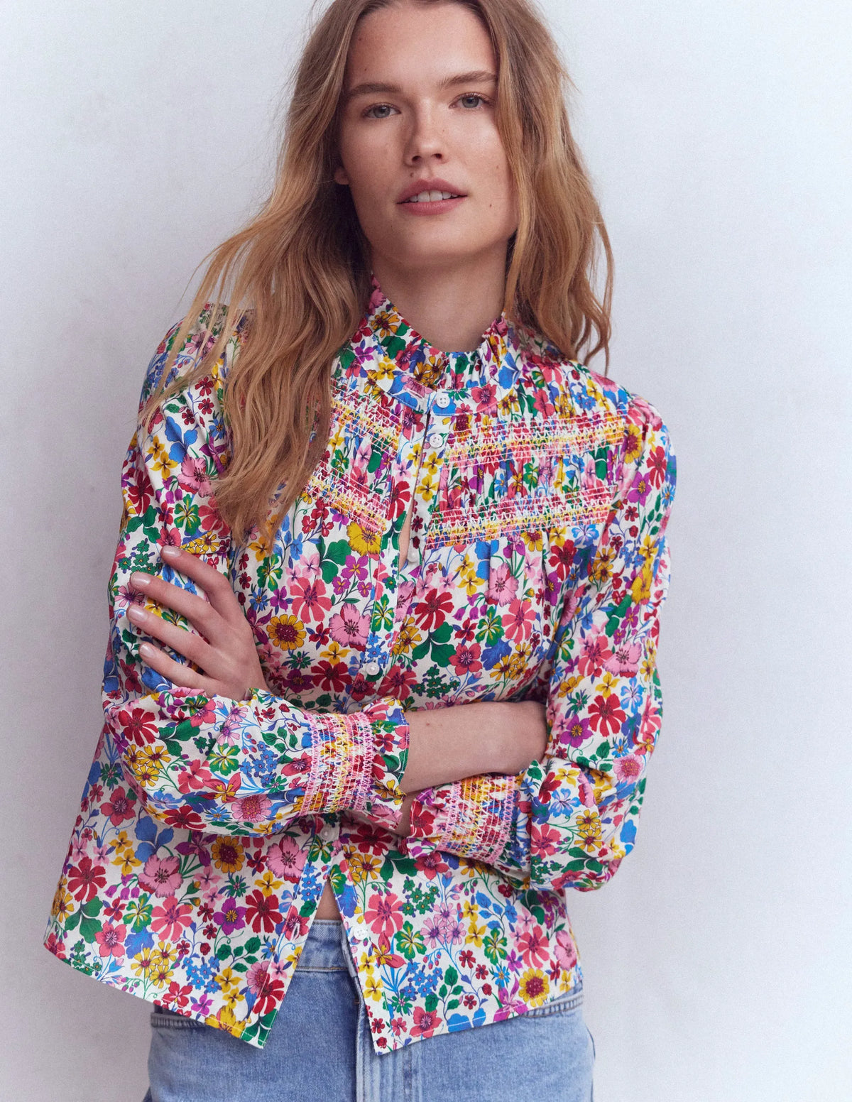 Esme Smocked Detail Frill Top-Multi, Blossoming Garden