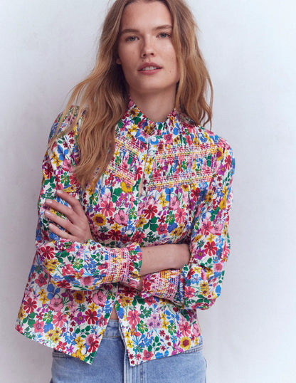 Esme Smocked Detail Frill Top-Multi, Blossoming Garden