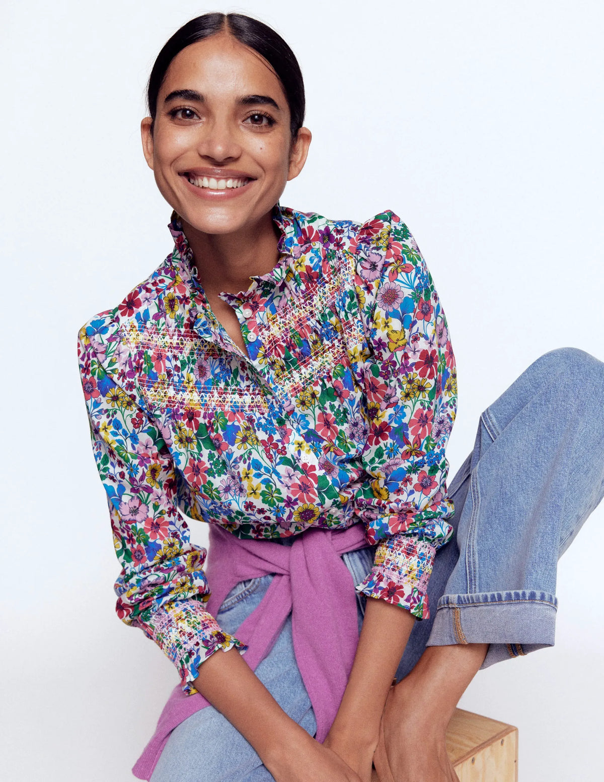 Esme Smocked Detail Frill Top-Multi, Blossoming Garden