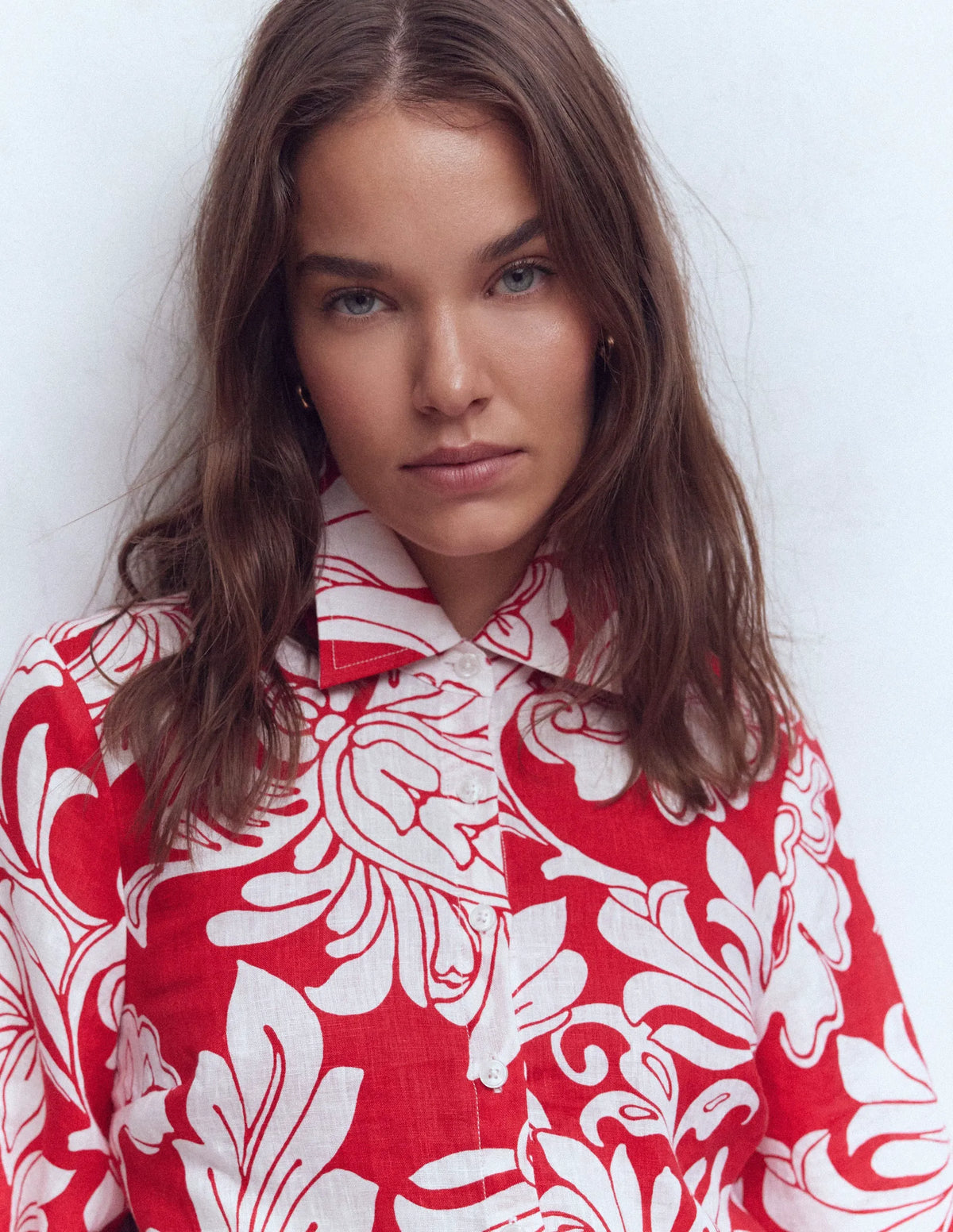 Puff Sleeve Linen Shirt-Merida Red, Botanical Flourish