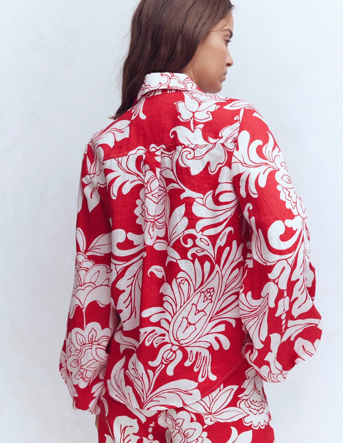 Puff Sleeve Linen Shirt-Merida Red, Botanical Flourish