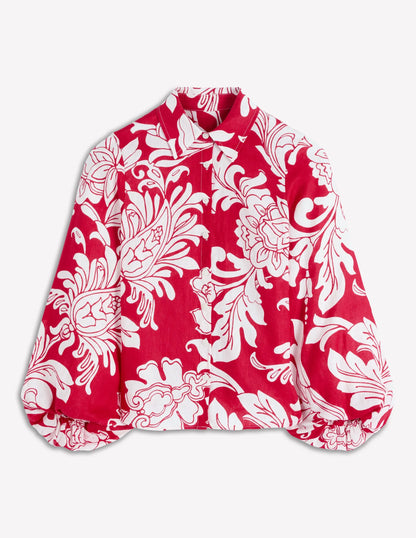 Puff Sleeve Linen Shirt-Merida Red, Botanical Flourish